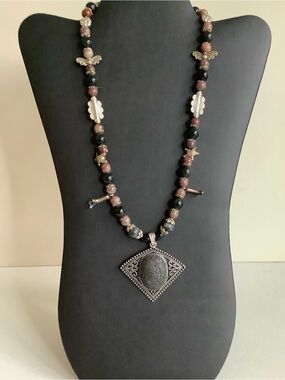 Handcrafted Black & Brown Beaded Necklace with Silver-Tone Pendant
